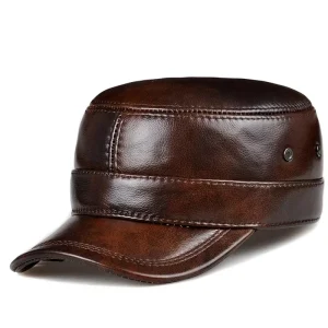 visière en cuir casquette militaire homme marron