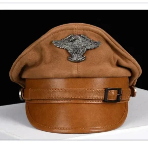 casquette en cuir homme style officier allemand marron avec badge